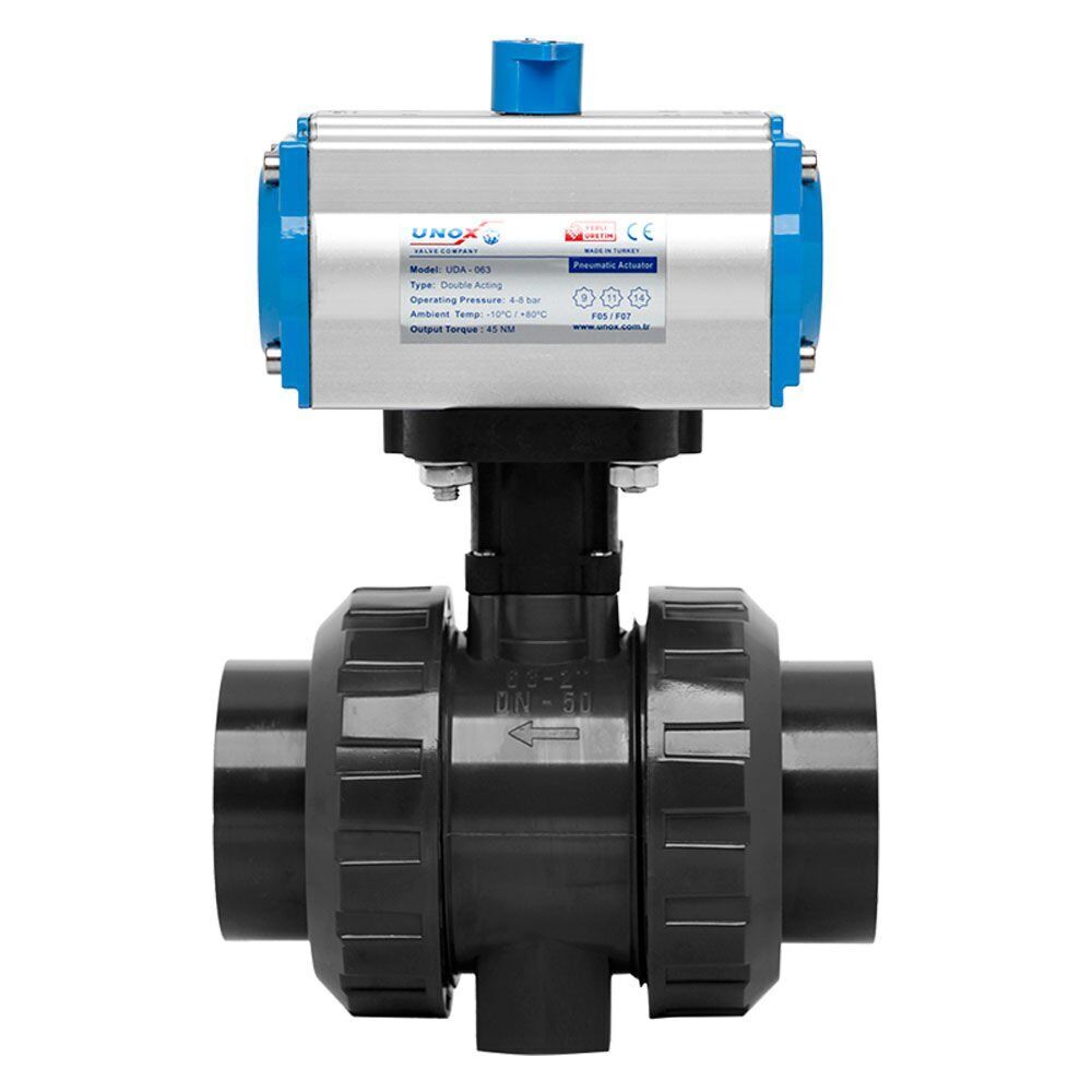 Unox Çift Etkili Pnömatik Aktüatörlü U-PVC Küresel Vana Asit İçin