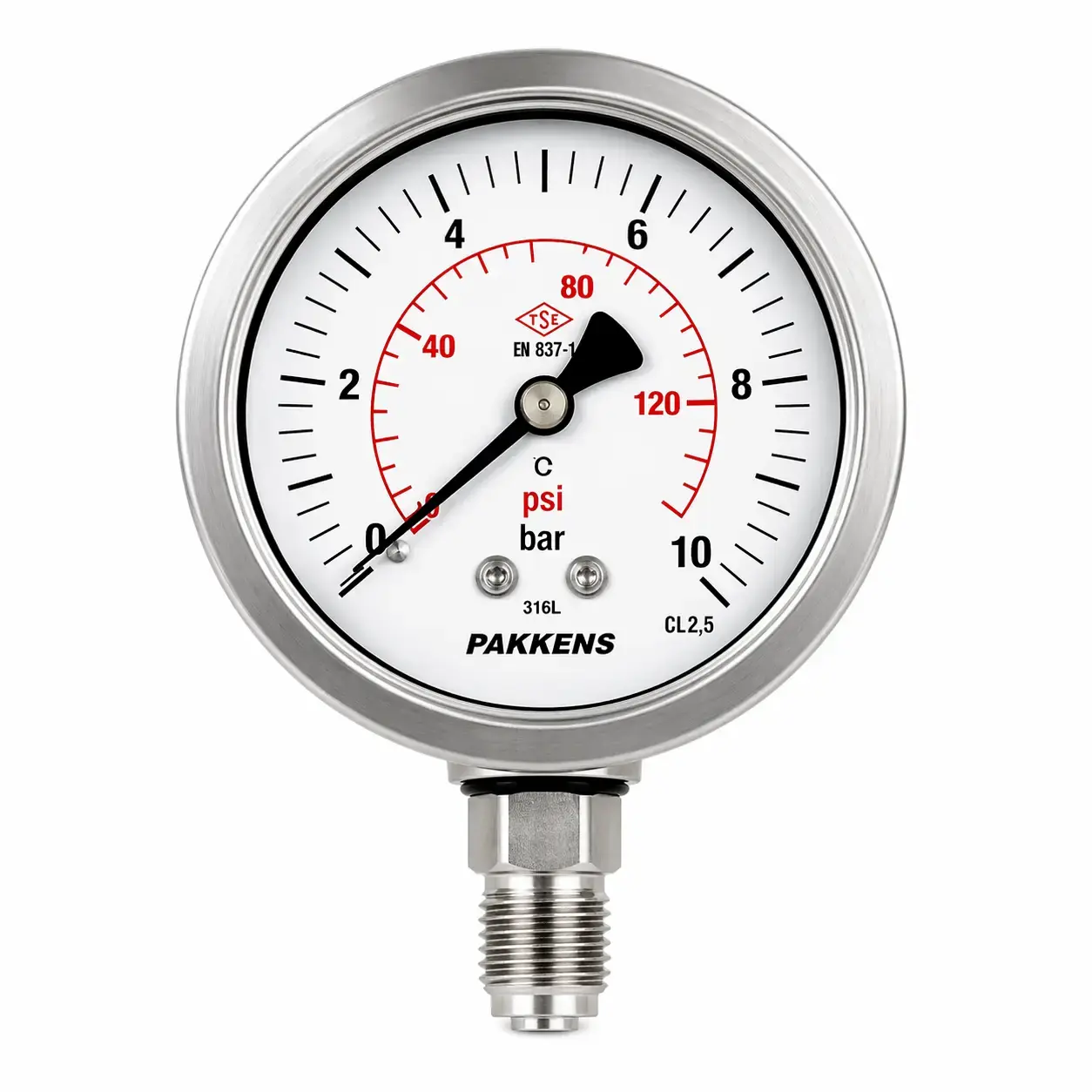 Pakkens Q63 Alttan Bağlantılı  Manometre Gliserinli Komple Paslanmaz CL1