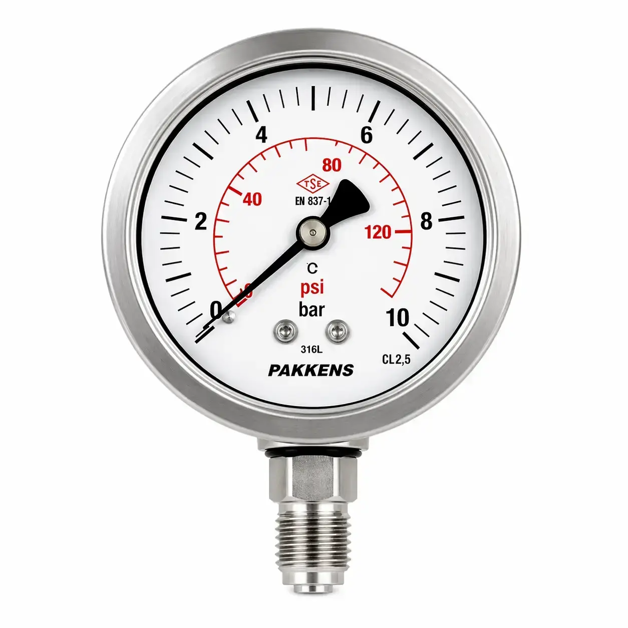 Pakkens Q63 Alttan Bağlantılı  Manometre Gliserinli Komple Paslanmaz CL1