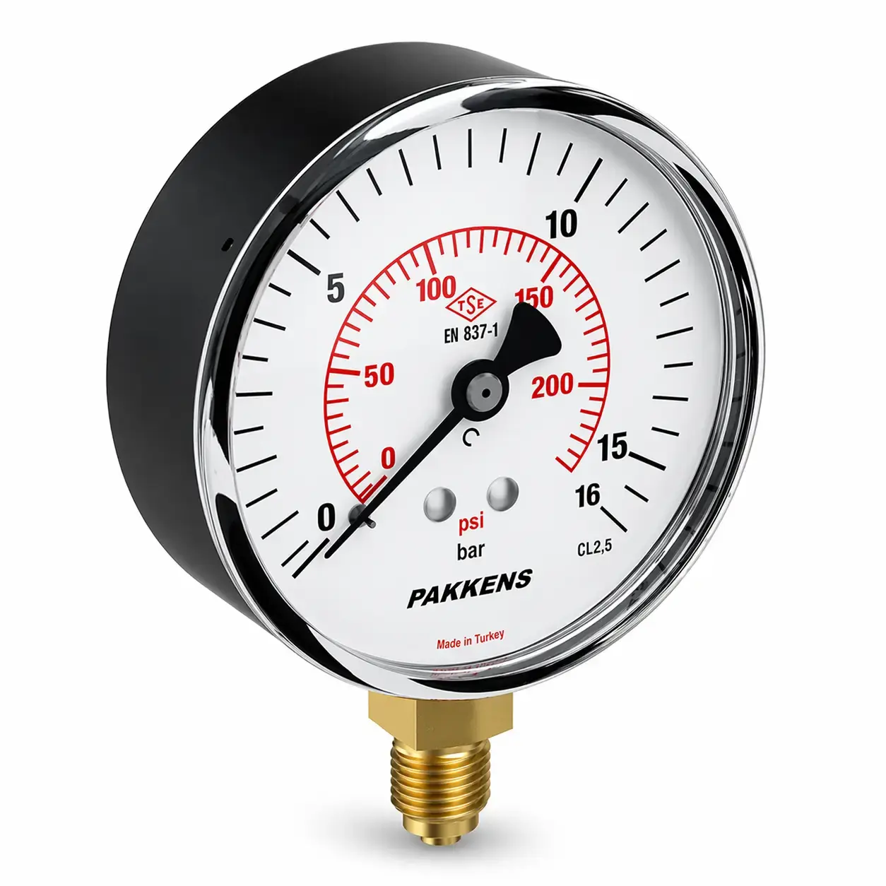 Pakkens Alttan Bağlantılı Kuru Tip Komple Paslanmaz CL1 Manometre Q100 16BAR