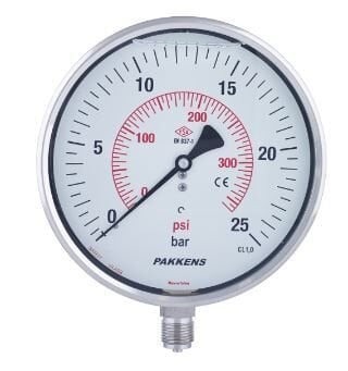 Pakkens Alttan Bağlantılı Kuru Tip  Komple Paslanmaz Manometre CL1 Q100 2,5BAR