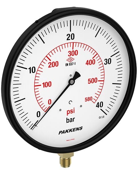 Pakkens Q160 Bottom Connection Glycerin-Filled CL1 Pressure Gauge, 40 BAR