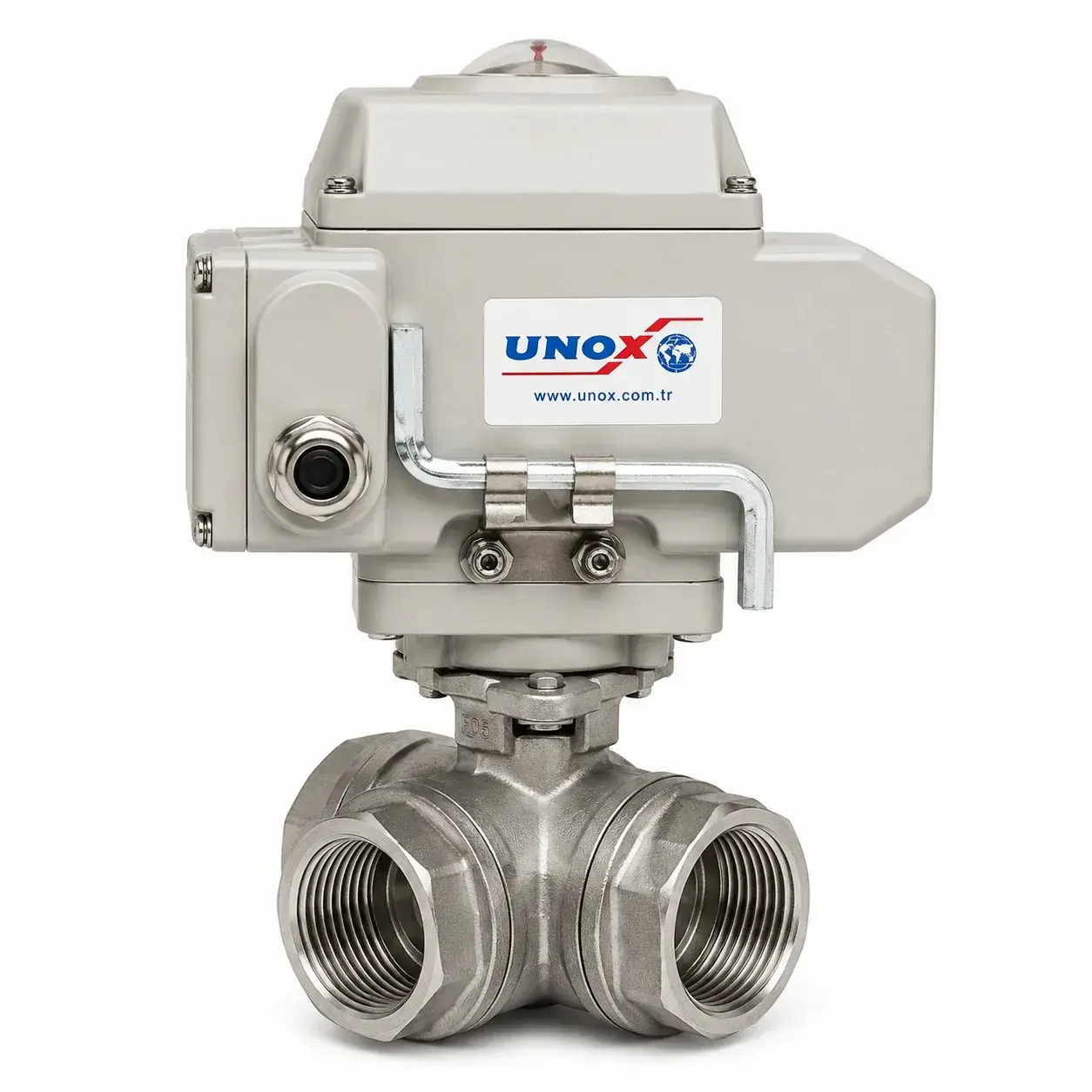 Unox 24V DC Elektrik Aktüatörlü 3 Yollu T Port Paslanmaz Dişli Küresel Vana