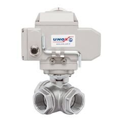 Unox 24V DC Electric Actuated 3-Way T-Port Stainless Steel Threaded Ball Valve