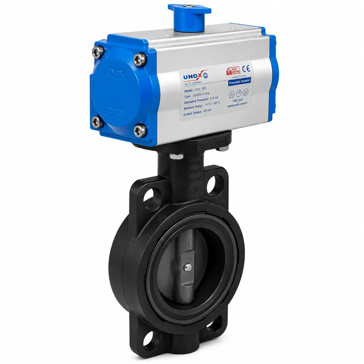 Unox Çift Etkili Pnömatik Aktüatörlü U-PVC Kelebek Vana Asit İçin