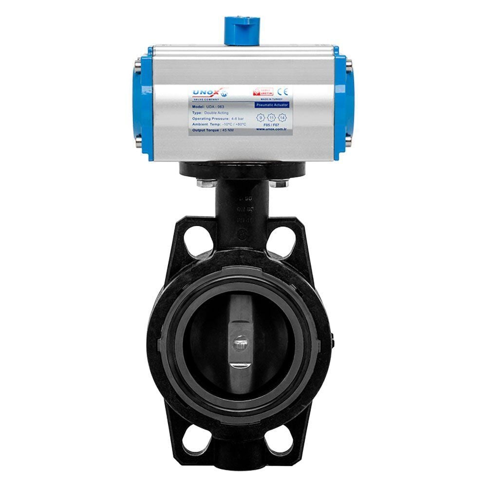 Unox Double-Acting Pneumatic Actuator–Operated U-PVC Butterfly Valve for Acid Applications