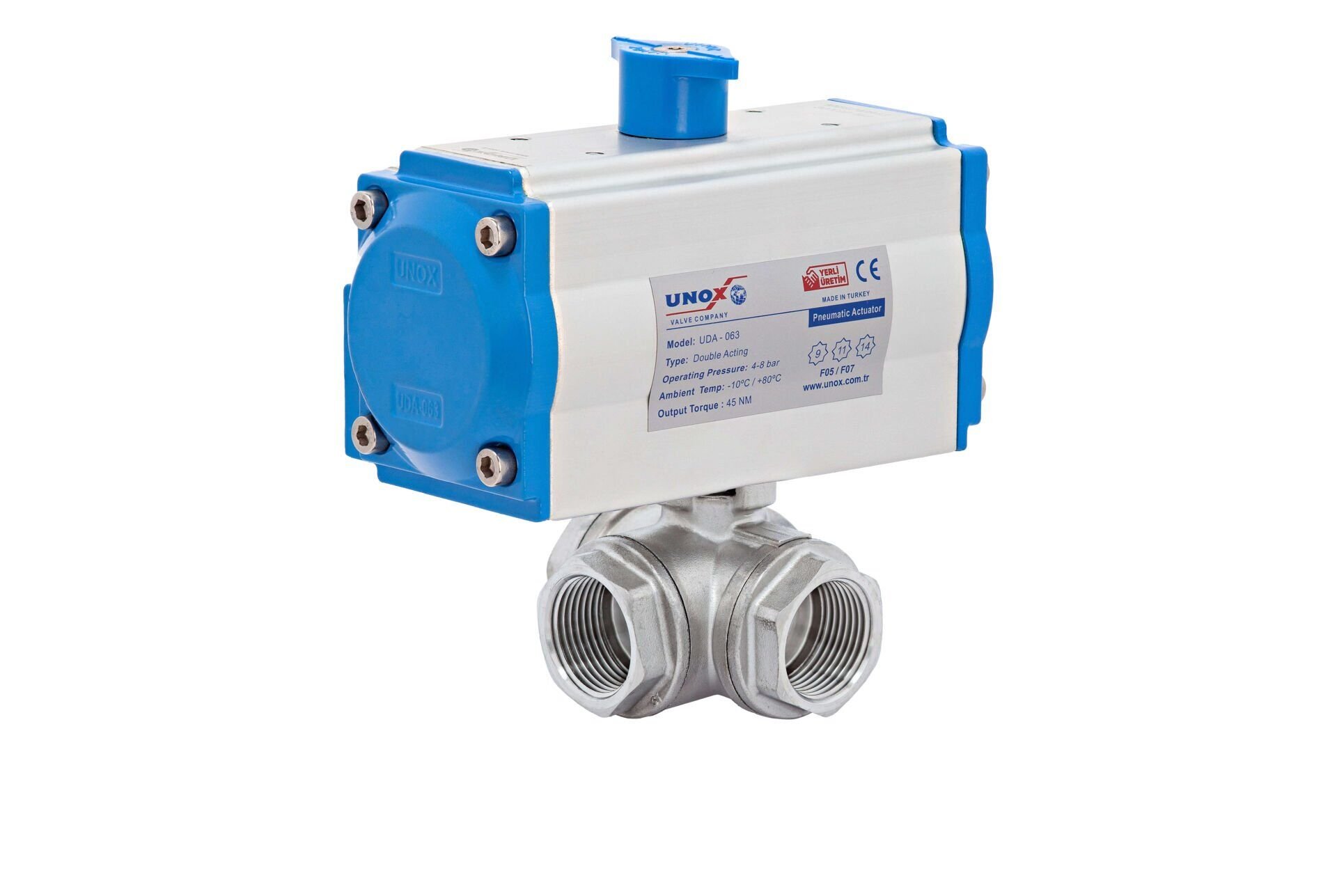 Unox Çift Etkili Pnömatik Aktüatörlü Paslanmaz Dişli Küresel Vana T Port
